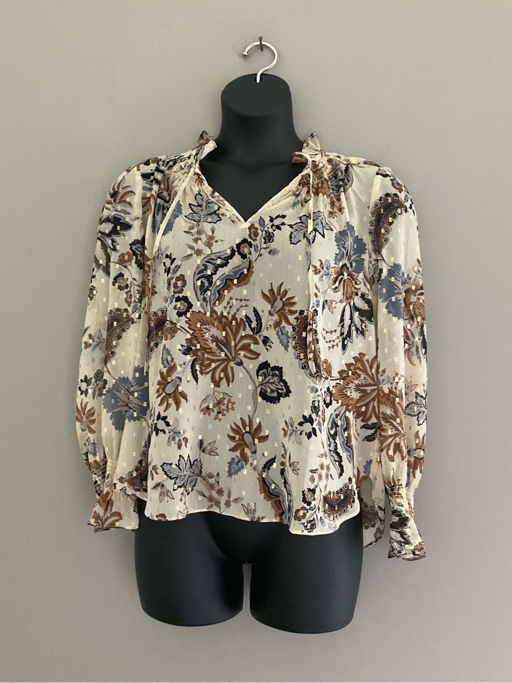 LOFT, Size L, EUC, Cream & Brown, Floral, Feminine Blouse